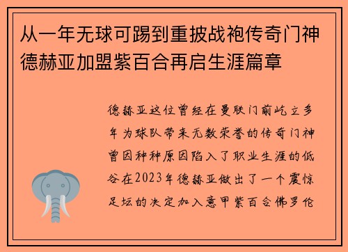 从一年无球可踢到重披战袍传奇门神德赫亚加盟紫百合再启生涯篇章